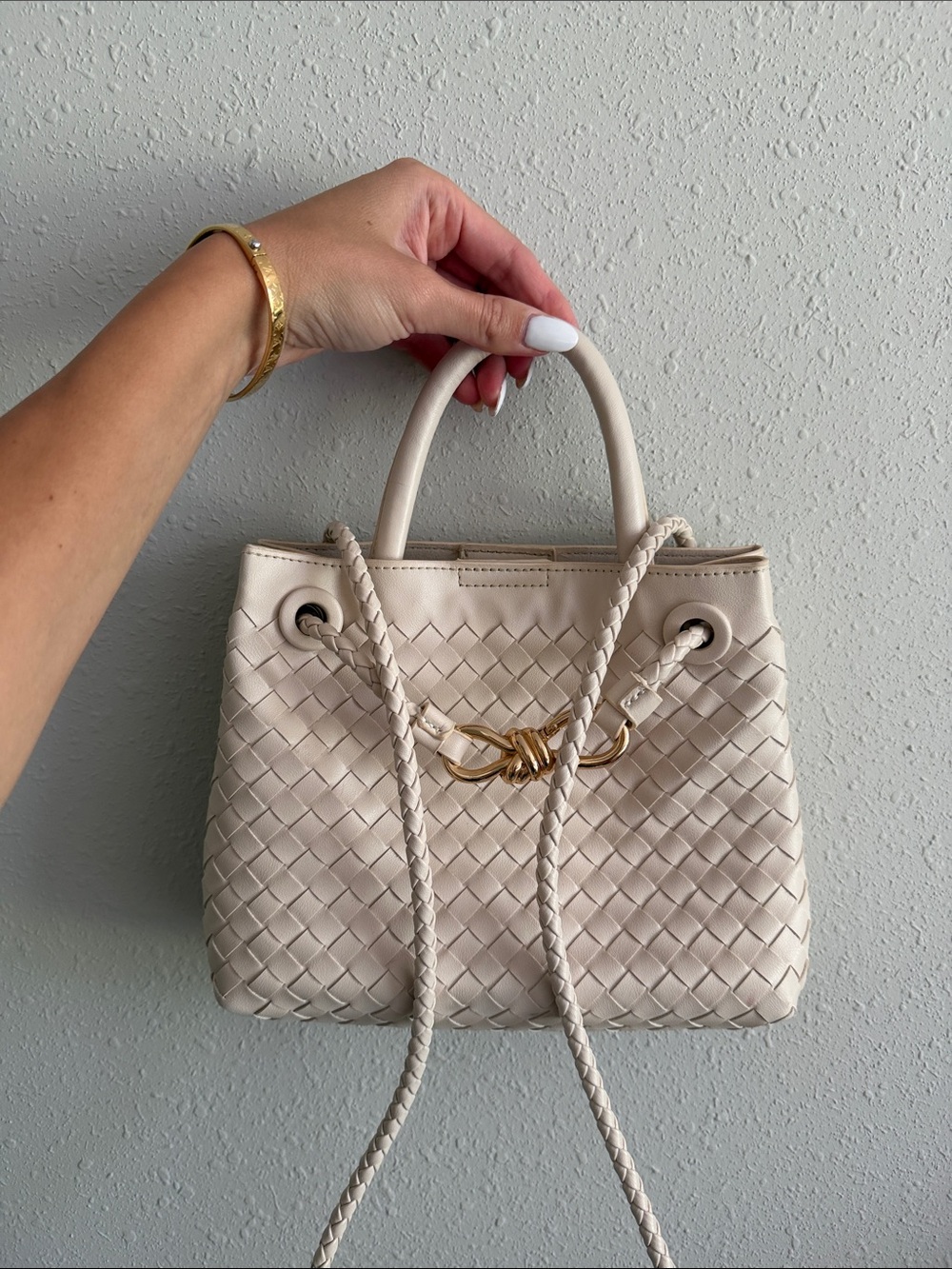 Cream Woven Leather Top-Handle Shoulder Bag - VICI
